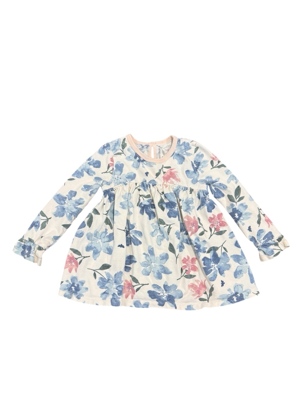 Burt's Bees Baby Floral Long Sleeve Shirt Dress in White, Blue & Pink